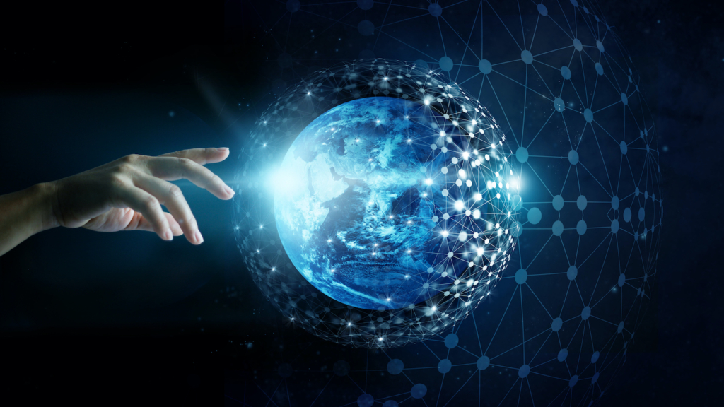 Hand of touching global network connection and data exchanges on the planet earth background, Elements of this image furnished by NASA (Hand of touching global network connection and data exchanges on the planet earth background, Elements of this imag